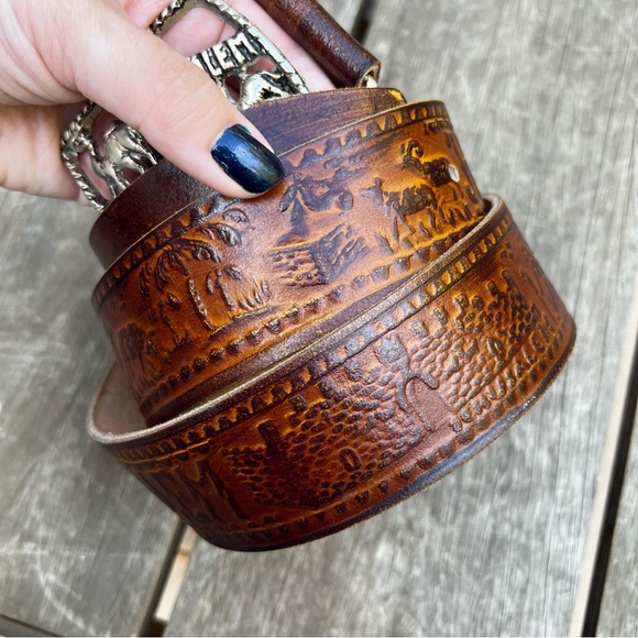 Vintage Jerusalem Holy Land Leather Tooled Belt - Picture 3 of 8
